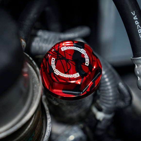 GrimmSpeed 89-21 Subaru Bolt Oil Cap Kit Red with Black Splatter (120014RDBLK)