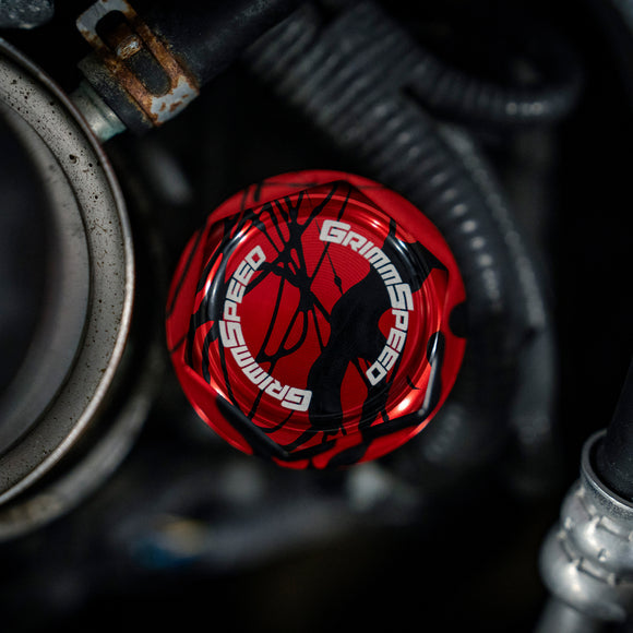GrimmSpeed 89-21 Subaru Bolt Oil Cap Kit Red with Black Splatter (120014RDBLK)