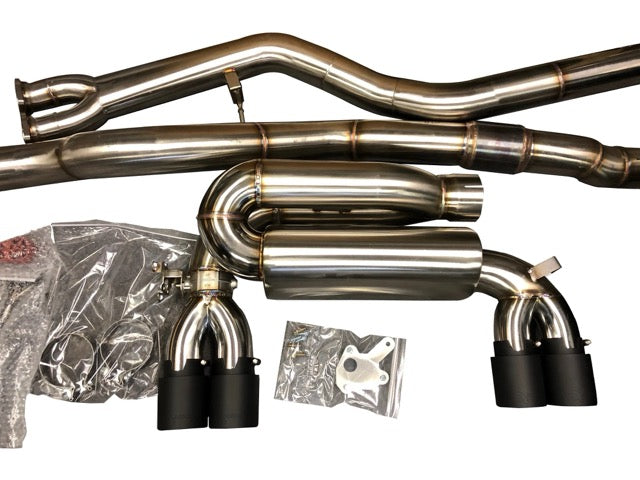 Active Autowerke F8X M3 M4 Signature Exhaust System includes Active F-brace - Carbon over Black Chrome Tips (11-045CB)