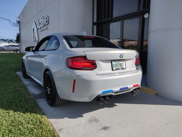 Active Autowerke F87 M2 Competition Signature Exhaust System includes Active F-brace (Carbon over Black Chrome Tips) (11-051CB)