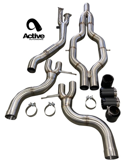Active Autowerke G80/G82 M3/M4 Signature RACE ONLY Exhaust System - GOLIATH - Full race only exhaust w DUMP-Carbon over Black Chrome Tips (11-116CBD)