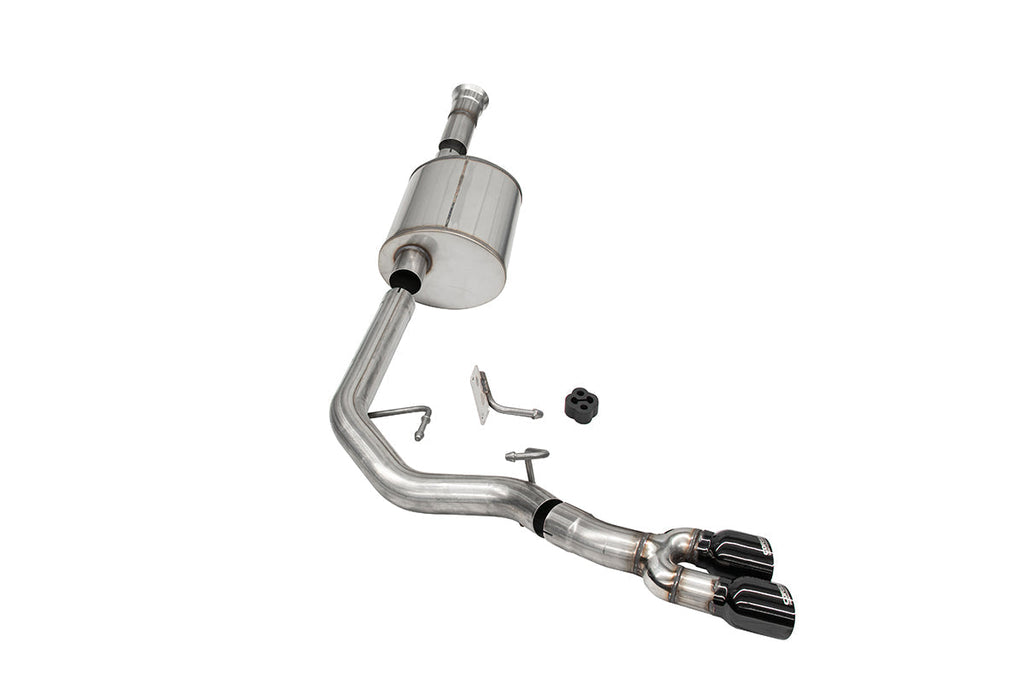 Corsa Performance 3.0 Inch Front of Tire Exit Catback Exhaust System with Twin 3.5 Inch Pro Series Black Tips Sport Sound Level 21-25 Ford F-150 145 Inch Wheel Base (21156BLK)