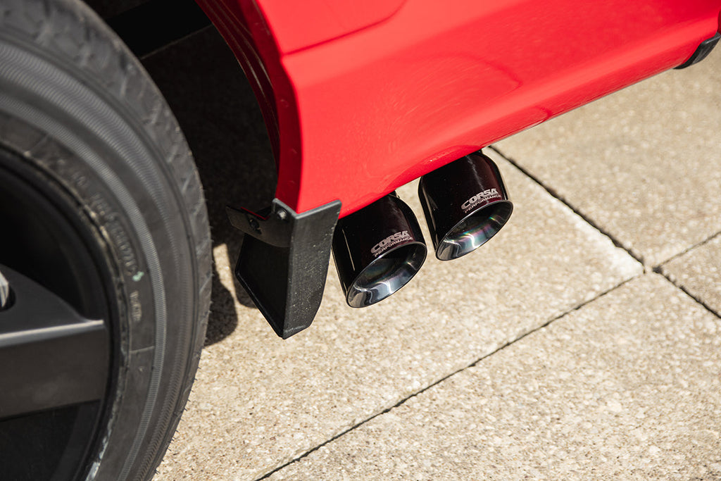 Corsa Performance 3.0 Inch Front of Tire Exit Catback Exhaust System with Twin 3.5 Inch Pro Series Black Tips Sport Sound Level 21-25 Ford F-150 157 Inch Wheel Base (21159BLK)