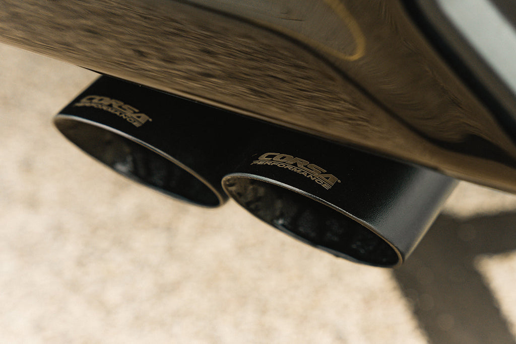 Corsa Performance 3.0 Inch Dual Rear Exit Cat-Back Exhaust System with Twin 4.0 Inch Black Powder Coat Tips 22-24 Chevrolet Silverado ZR2/22-23 GMC Sierra AT4X 147.5 Inch Wheel Base (21238BPC)