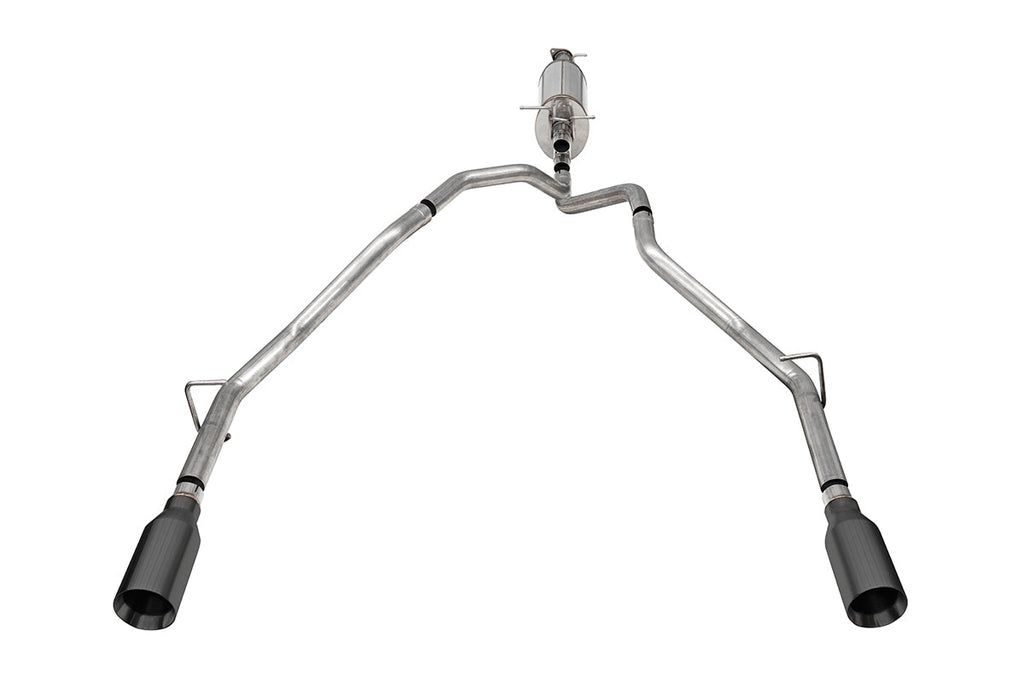 Corsa Performance 2.5 Inch Stainless Steel Sport Cat-back, RSC No Drone Technology, Dual Rear Exit with 5.0 Inch Gunmetal Tips 25-26 RAM 1500 144.5 Inch/153.5 Inch Wheel Base (21309GNM)