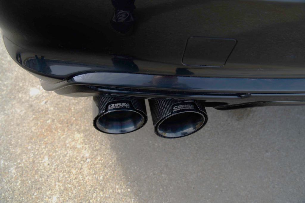 Corsa Performance 3 Inch Cat-Back Exhaust with Dual Mode Active Exhaust; Double X-Pipe, Dual Rear Exit with Twin 4.5 Inch Carbon Fiber Black Tips 20-25 Cadillac CT5 V (21326CFBLK)