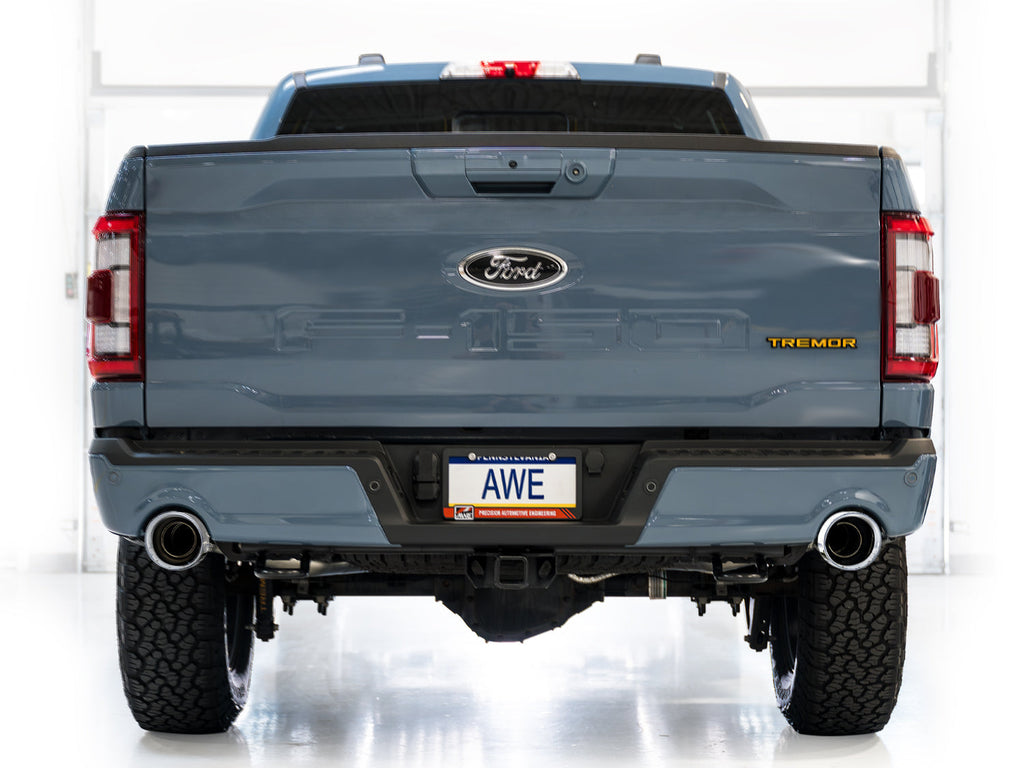 AWE Tuning 0FG Resonated Catback for '21+ Ford F-150 Tremor (With Bumper Cutouts) - Chrome Silver Tips (3015-32402)