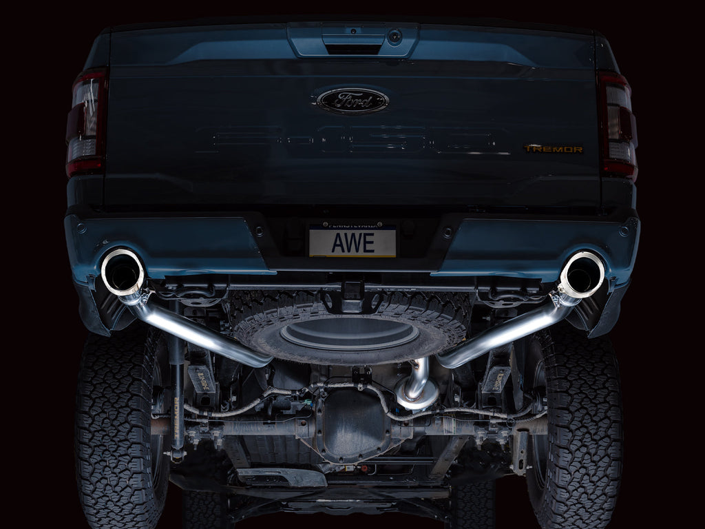 AWE Tuning 0FG Resonated Catback for '21+ Ford F-150 Tremor (With Bumper Cutouts) - Chrome Silver Tips (3015-32402)