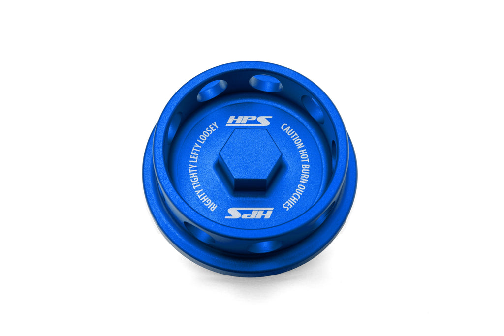 HPS Performance Anodized billet aluminum oil cap, M32x3.5, 14mm tall thread, 35mm total height (5269-108BL)