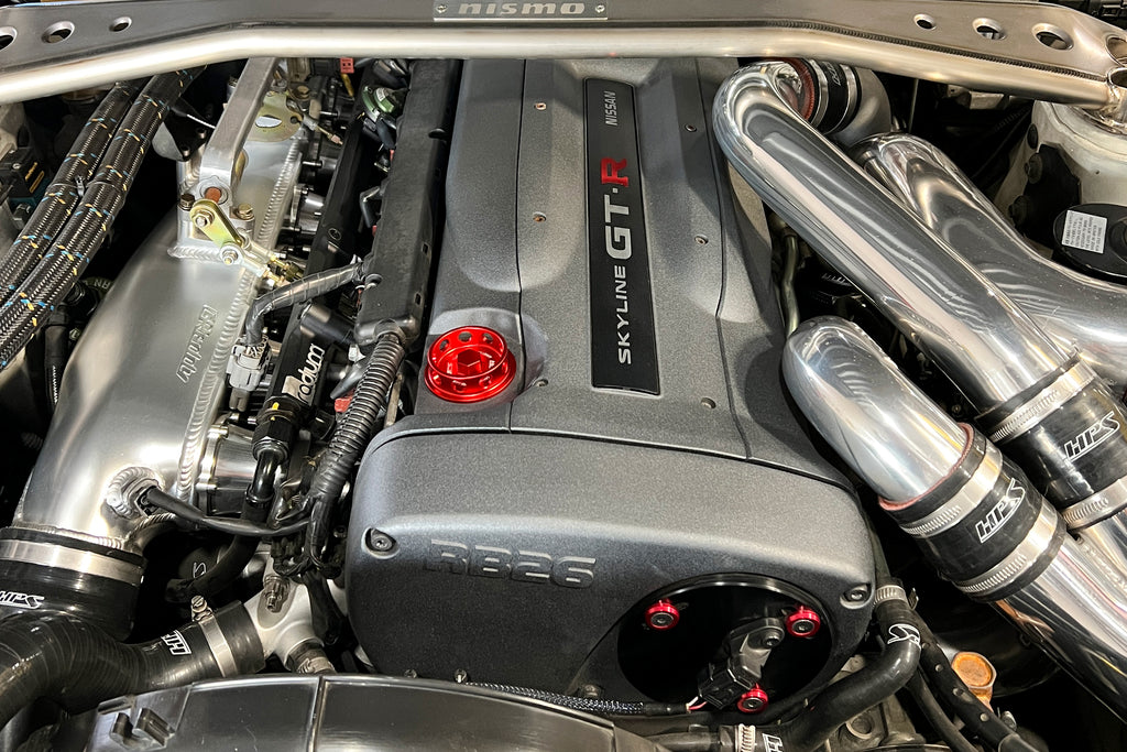 HPS Performance Anodized billet aluminum oil cap, M32x3.5, 14mm tall thread, 35mm total height (5269-108R)