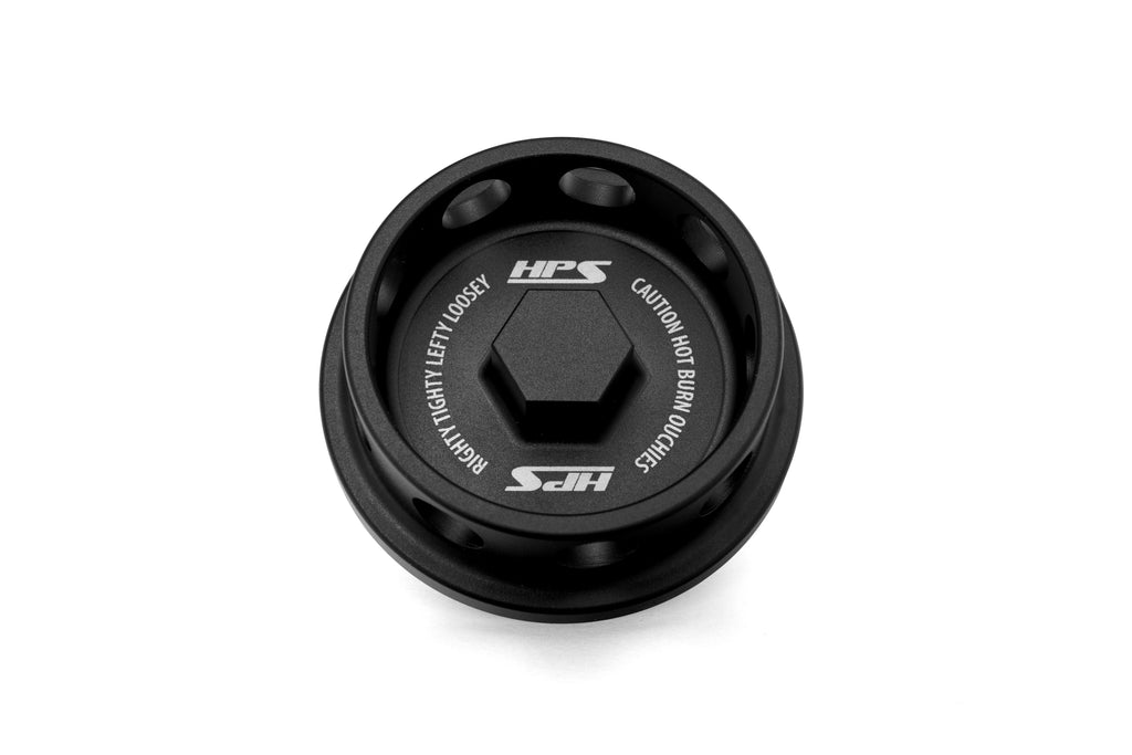 HPS Performance Anodized billet aluminum oil cap, M32x3.5, 14mm tall thread, 35mm total height (5269-108WB)