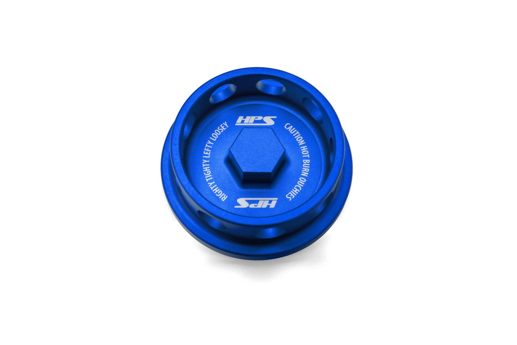 HPS Performance Anodized billet aluminum twist-lock oil cap, 56mm top diameter, 38mm height (5269-111BL)