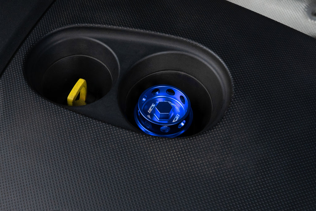 HPS Performance Anodized billet aluminum twist-lock oil cap, 56mm top diameter, 38mm height (5269-111BL)
