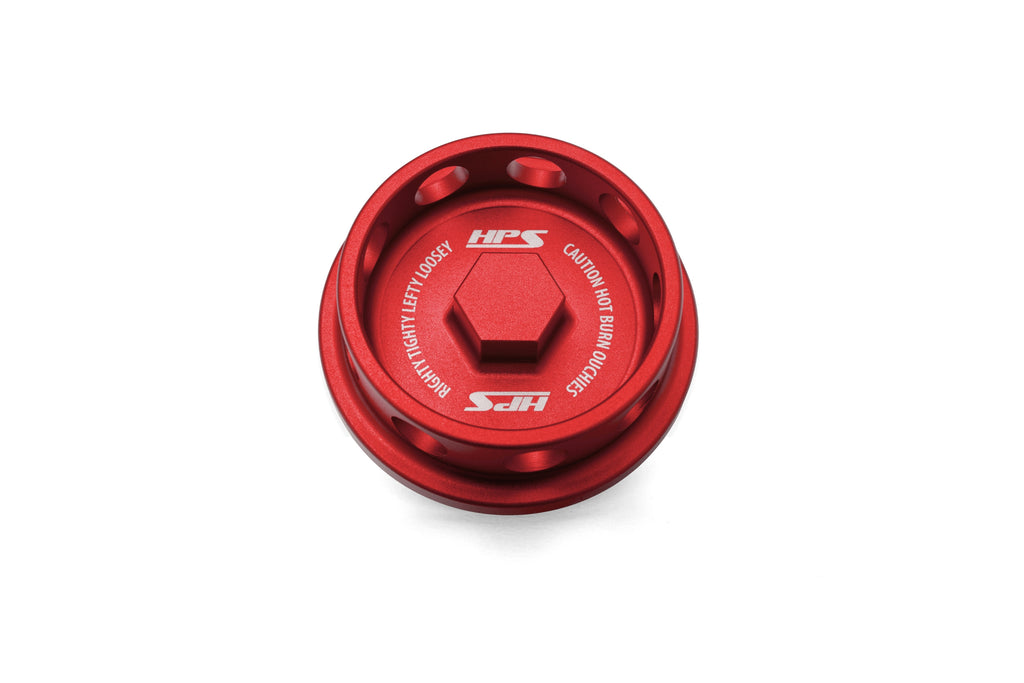 HPS Performance Anodized billet aluminum twist-lock oil cap, 56mm top diameter, 38mm height (5269-111R)