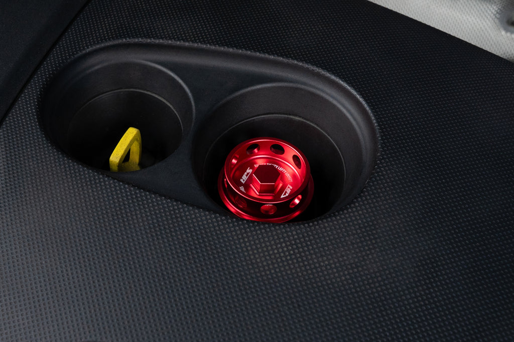 HPS Performance Anodized billet aluminum twist-lock oil cap, 56mm top diameter, 38mm height (5269-111R)