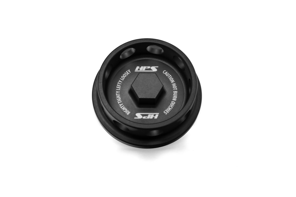 HPS Performance Anodized billet aluminum twist-lock oil cap, 56mm top diameter, 38mm height (5269-111WB)