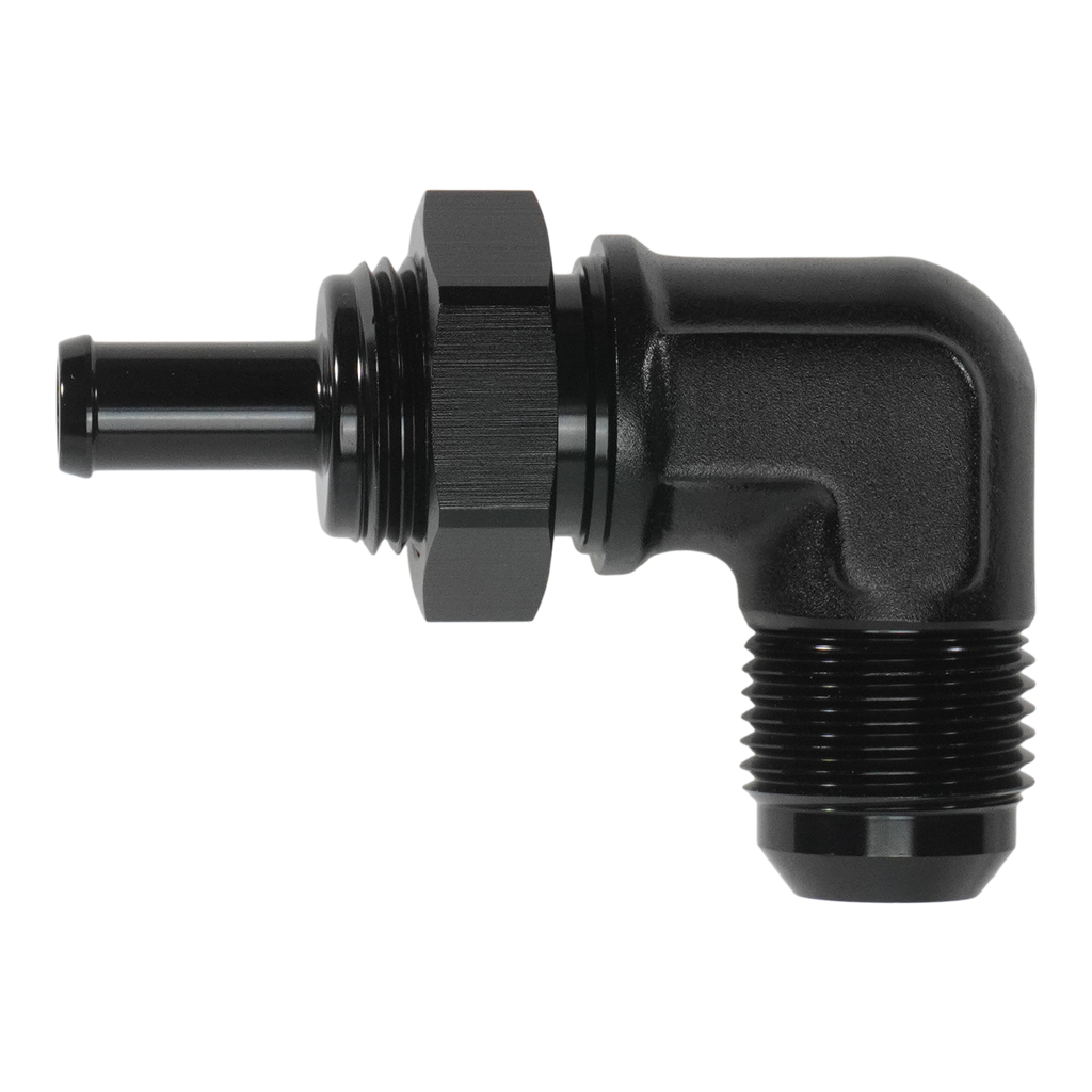 DeatschWerks 10AN Male Flare Bulkhead to 3/8in Hose Barb 90-Degree (6-02-0796-B)