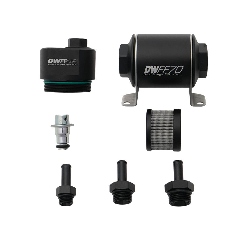 DeatschWerks DWFFR-X 70mm Billet Fuel Filter Regulator - 10 Micron with 3/8in Fittings (8-FFR-070-010K-38)