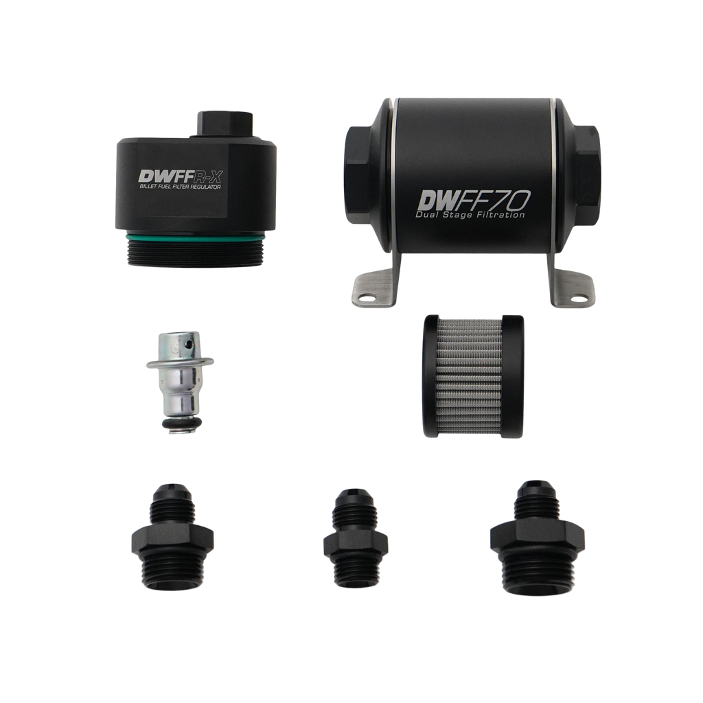 DeatschWerks DWFFR-X 70mm Billet Fuel Filter Regulator - 10 Micron with 6AN Fittings (8-FFR-070-010K-6)