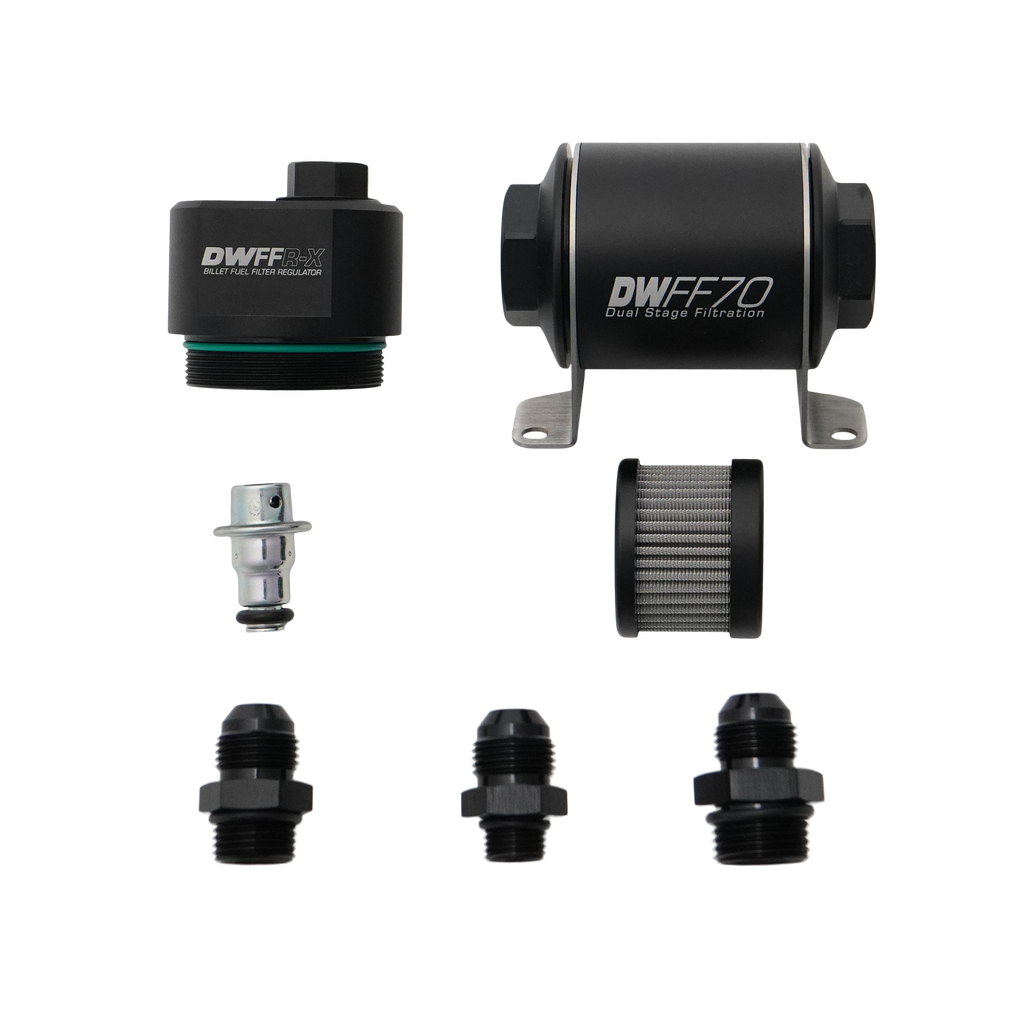 DeatschWerks DWFFR-X 70mm Billet Fuel Filter Regulator - 10 Micron with 8AN Fittings (8-FFR-070-010K-8)