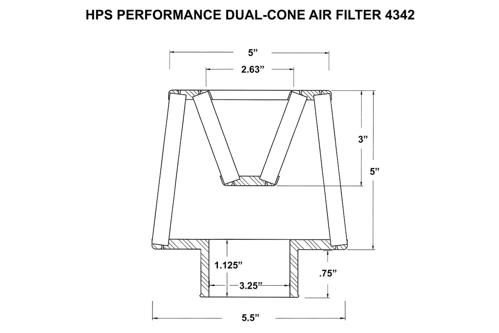 HPS Performance Dual-Cone Air Filter 3-1/4" ID, 5" Element Length, 5-3/4" Overall Length (HPS-4342)