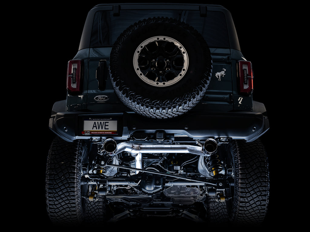 AWE Tuning 2021+ Ford Bronco 0FG Dual Rear Exit Exhaust w/Diamond Black Tips & Bash Guard (3015-33456)