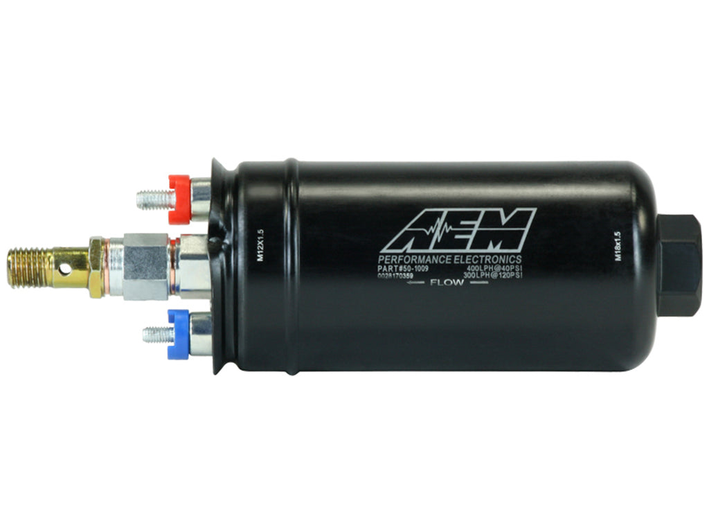 AEM Electronics EM 400lph Inline High Flow Fuel Pump 400lph40psi, 300LPH120psi M18x1.5 Inlet and M12x1.5 Outlet (50-1009)