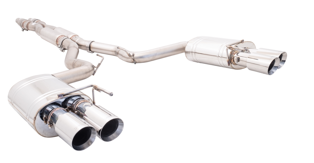 XFORCE Ford Mustang GT 2018 (Coupe) Twin 3" Stainless Steel Cat-Back Exhaust System With Oval Varex Mufflers/Quad Tips (ES-FM18-CBS)