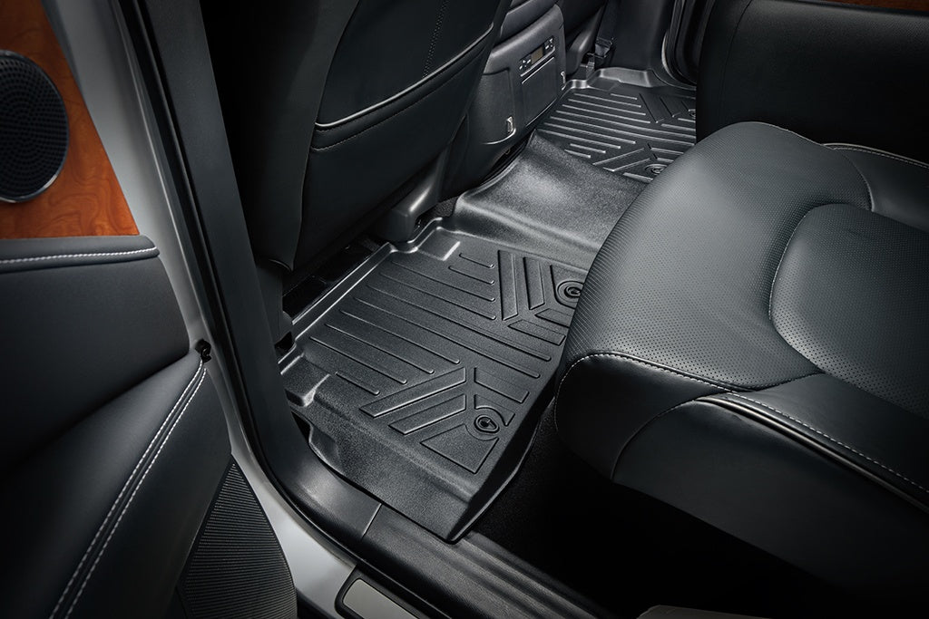 SMARTLINER Floor Mats 3 Rows and Cargo Liner Behind 2nd Row Set Black Compatible With 17-18 Armada / 11-13 Infiniti QX56 / 2014-2018 QX80 (SA0242/B0242/C0242/D0242)