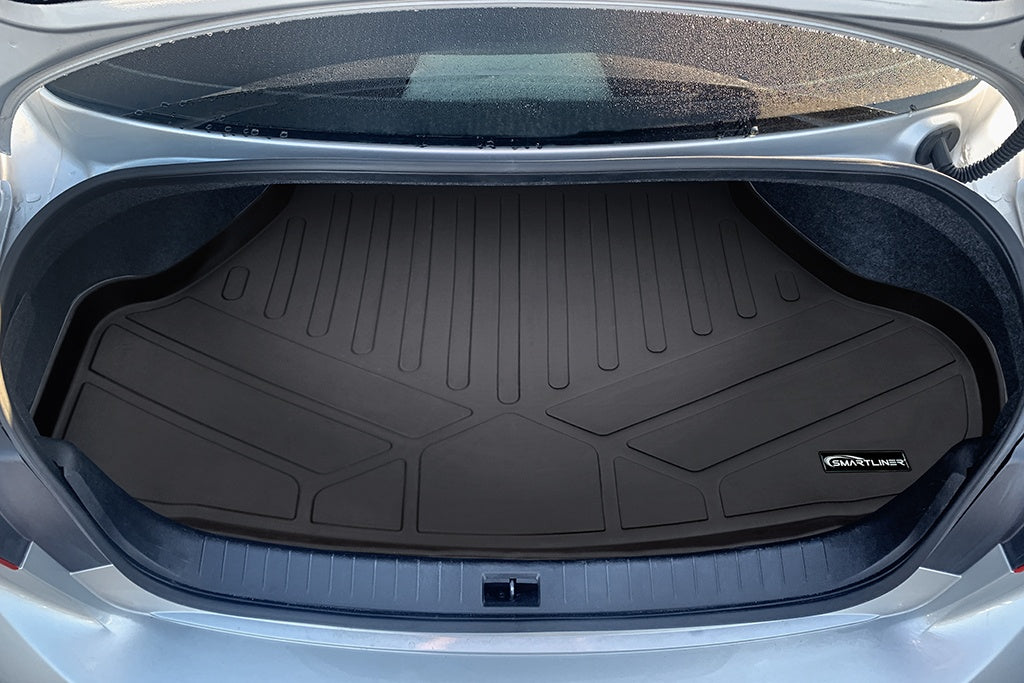 SMARTLINER Custom Fit Floor Mats 2 Rows and Cargo Liner Trunk Set Black Compatible With 2018-2022 Infiniti Q50 3.0t w/ Spare Tire (SA0469/B0469/D0470)