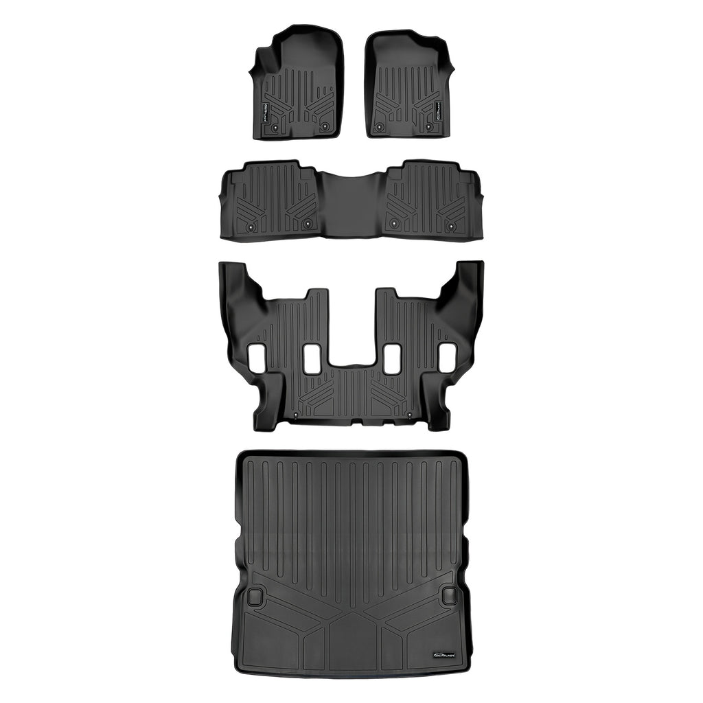 SMARTLINER Floor Mats 3 Rows and Cargo Liner Behind 2nd Row Set Black Compatible With 17-18 Armada / 11-13 Infiniti QX56 / 2014-2018 QX80 (SA0242/B0242/C0242/D0242)