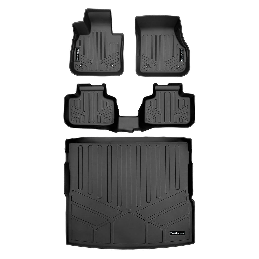 SMARTLINER Custom Floor Mats 2 Rows and Cargo Liner Behind 2nd Row Set Black 2016-2022 BMW X1 Cargo Fits Without Spare Tire (SA0481/B0481/D0481)