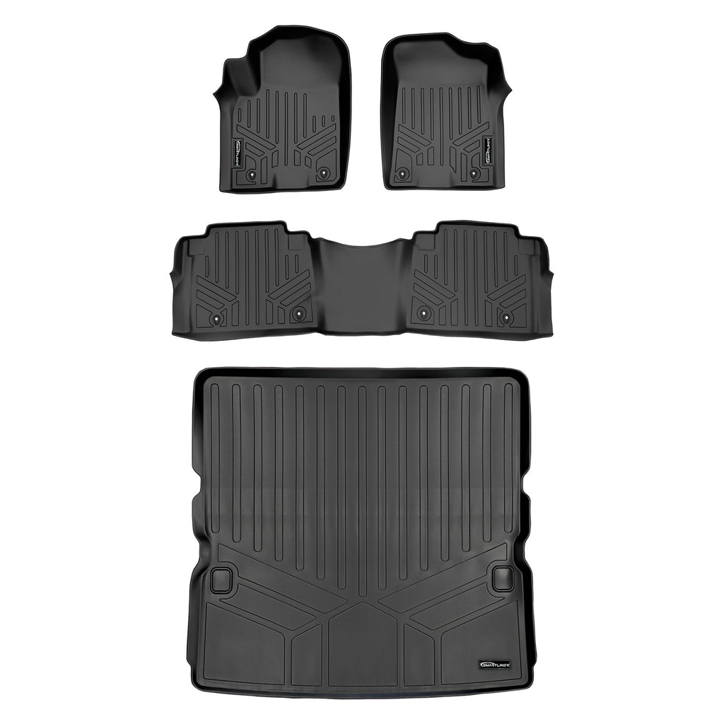 SMARTLINER Floor Mats 2 Rows and Cargo Liner Behind 2nd Row Set Black Compatible With 17-18 Armada / 11-13 Infiniti QX56 / 2014-2018 QX80 (SA0242/B0242/D0242)