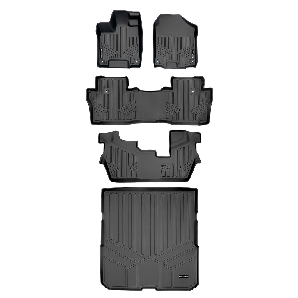 SMARTLINER Custom Fit Floor Mats 3 Rows and Cargo Liner Behind 2nd Row Set Black Compatible With 2016-2022 Honda Pilot 8 Passenger Model (SA0200/B0200/C0200/D0200)