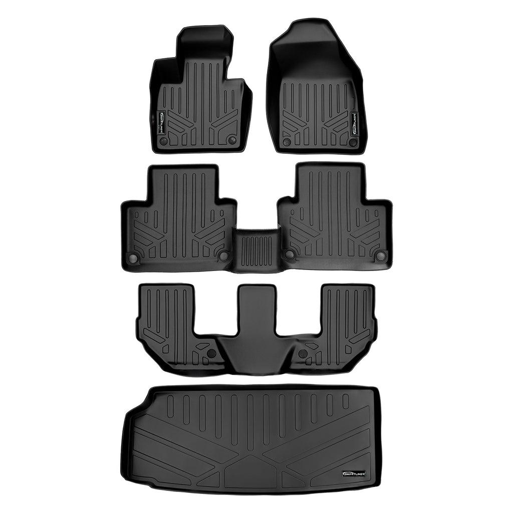 SMARTLINER Floor Mats 3 Rows and Cargo Liner Behind 3rd Row Set Black Compatible With 2016-2023 Volvo XC90 (SA0223/B0611/C0223/E0223)