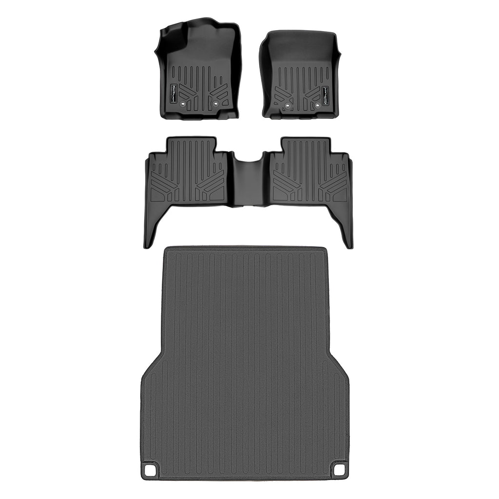 SMARTLINER Floor Mats 2 Rows and Truck Bed Liner Set Black Compatible With 2018-2021 Toyota Tacoma Double Cab (SA0354/B0207/K0207)