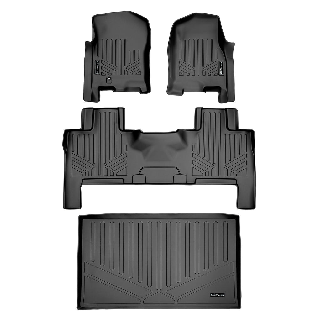 SMARTLINER Custom Fit Floor Mats and Cargo Liner Behind 3rd Row Set Black Compatible With 2007-2010 Expedition EL / Navigator L (SA0346/B0183/E0185)