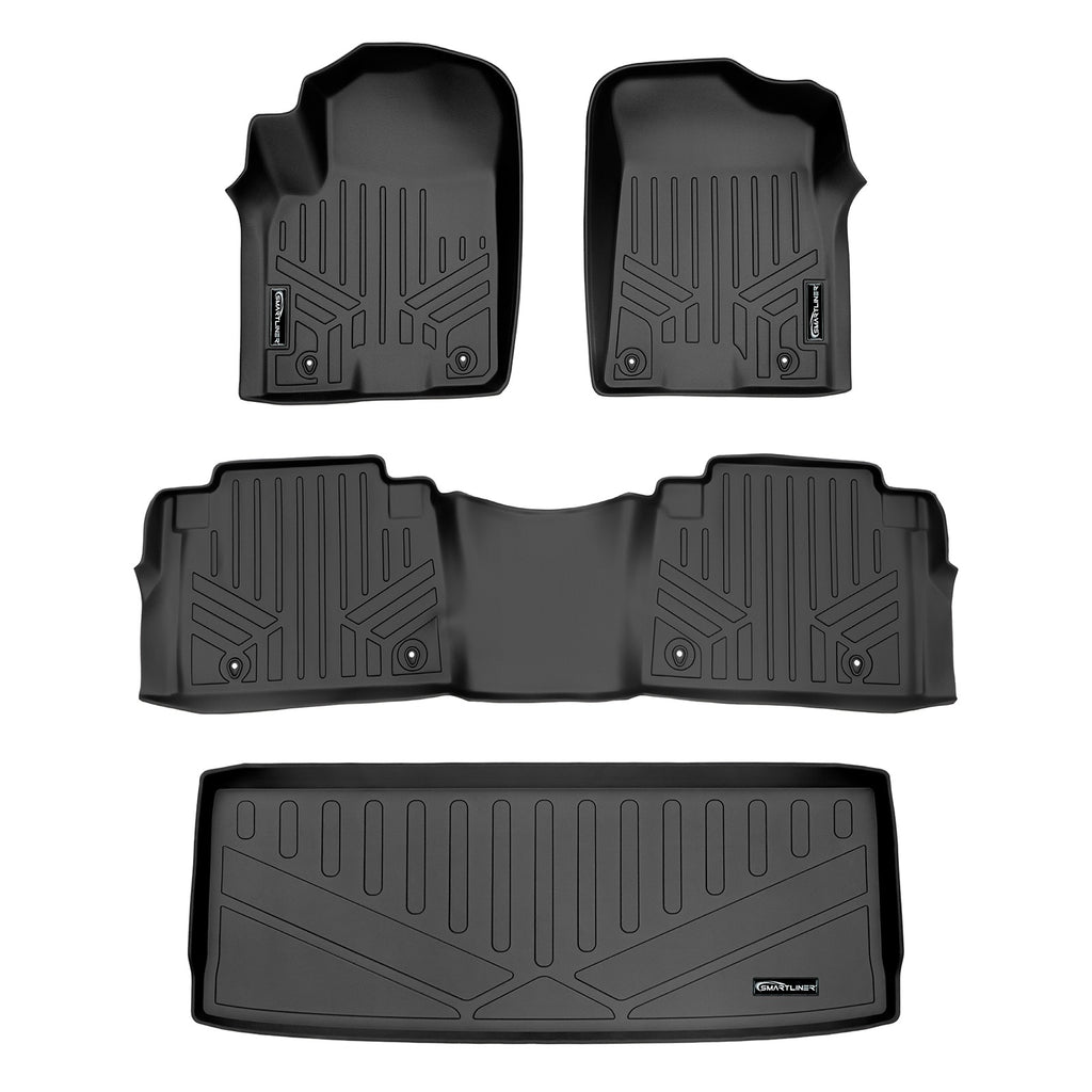 SMARTLINER Floor Mats 2 Rows and Cargo Liner Behind 3rd Row Set Black Compatible With 17-18 Armada / 11-13 Infiniti QX56 / 2014-2018 QX80 (SA0242/B0242/E0242)