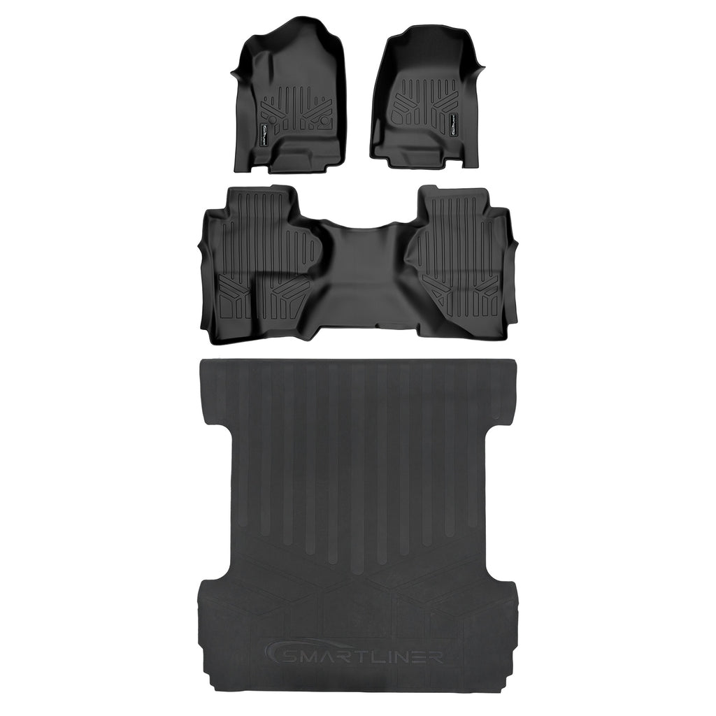 SMARTLINER Custom Floor Mats 2 Row Liner & Truck Bed Liner Set Black Compatible with Double Cab 2014-2018 Silverado/Sierra 1500-2015-2019 2500/3500 HD (SA0136/B0148/J0136)