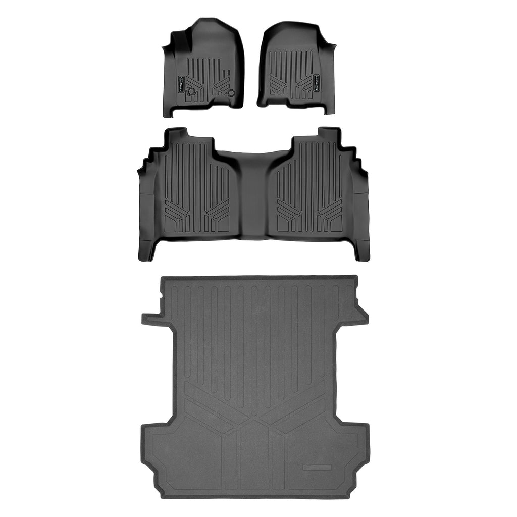 SMARTLINER Floor Mats 2 Rows and Truck Bed Mat Set Black Compatible With 2019-2021 1500 Silverado/Sierra Crew Cab (SA0400/B0400/K0400)