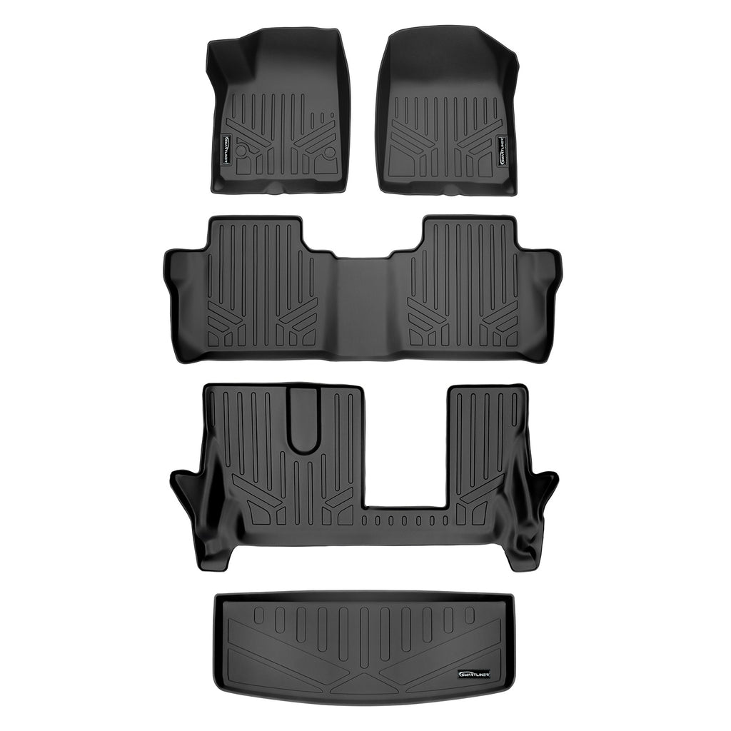 SMARTLINER Custom Floor Mats 3 Rows and Cargo Liner Behind 3rd Row Set Black Compatible With 2017-2021 GMC Acadia with 2nd Row Bench Seat (SA0230/B0248/C0248/E0230)
