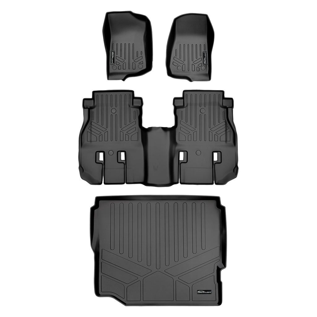 SMARTLINER Floor Mats & Cargo Liner Set Black Compatible With JL New Body 2018-2021 Jeep Wrangler Unlimited without Subwoofer (SA0316/B0316/D0383)