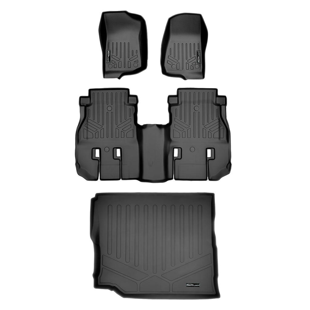 SMARTLINER Custom Fit Floor Mats 2 Rows and Cargo Liner Set Black Compatible With 2018-2021 Wrangler Unlimited JL With Rear Subwoofer (SA0316/B0316/D0414)