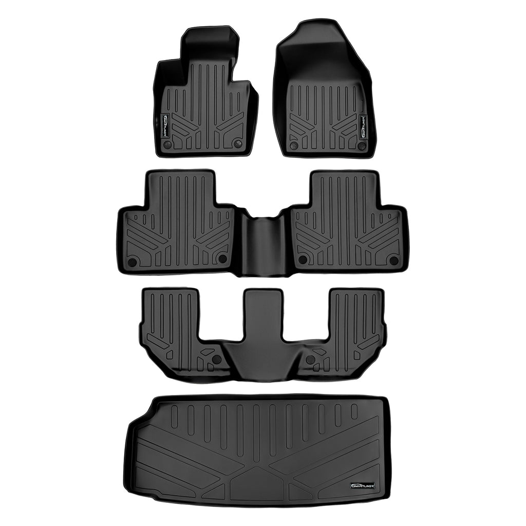 SMARTLINER Floor Mats 3 Rows and Cargo Liner Behind 3rd Row Set Black Compatible With 2016-2023 Volvo XC90 - No Plug-in Hybrid Models (SA0223/B0223/C0223/E0223)