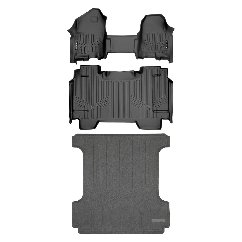 SMARTLINER Floor Mats 2 Rows - Truck Bed Mat Liner Set Black Compatible With 2019-2022 Ram 1500 Crew Cab Short Bed w/First Row Bench Only (SA0373/B0369/K0369)