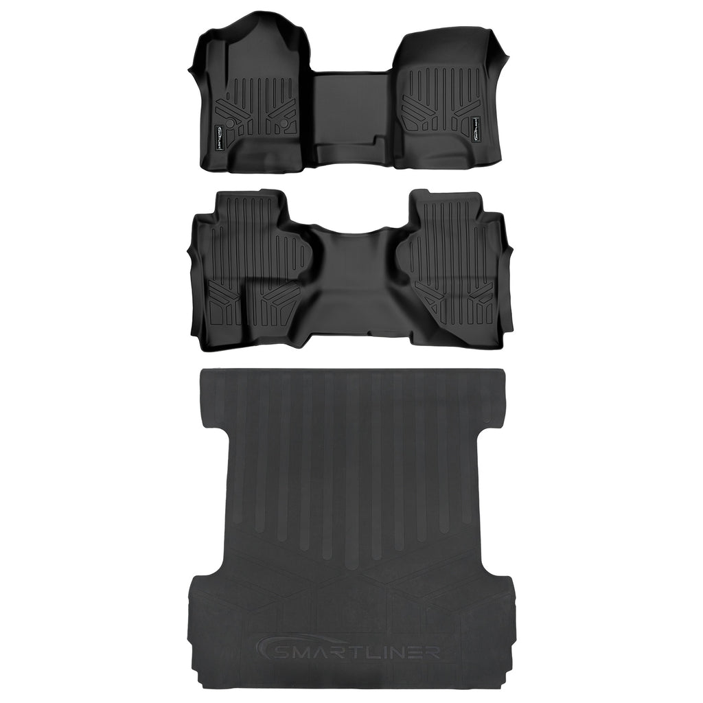 SMARTLINER Custom Floor Mats 2 Row Liner & Truck Bed Liner Set Black Compatible with Double Cab 2014-2018 Silverado/Sierra 1500-2015-2019 2500/3500 HD (SA0226/B0148/J0136)