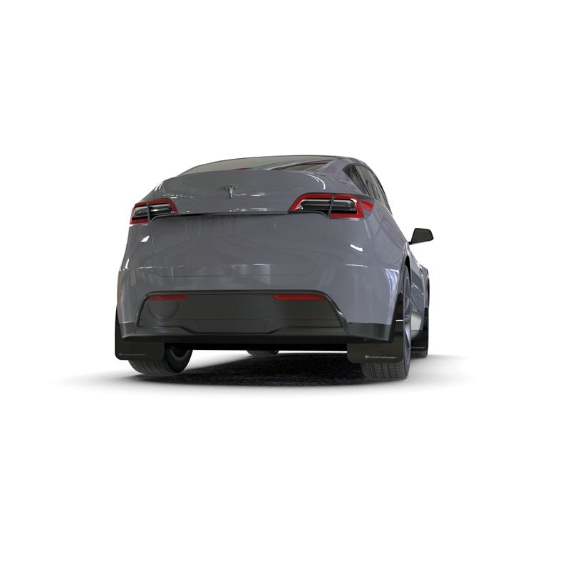 Rally Armor Black Mud Flap - Metallic Black Logo for 20-22 Tesla Model Y (MF72-UR-BLK/MBK)