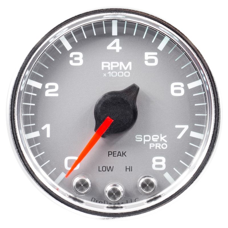 AutoMeter Spek-Pro Gauge Tach 2 1/16in 8K Rpm W/ Shift Light and Peak Mem Slvr/Chrm (P33421)