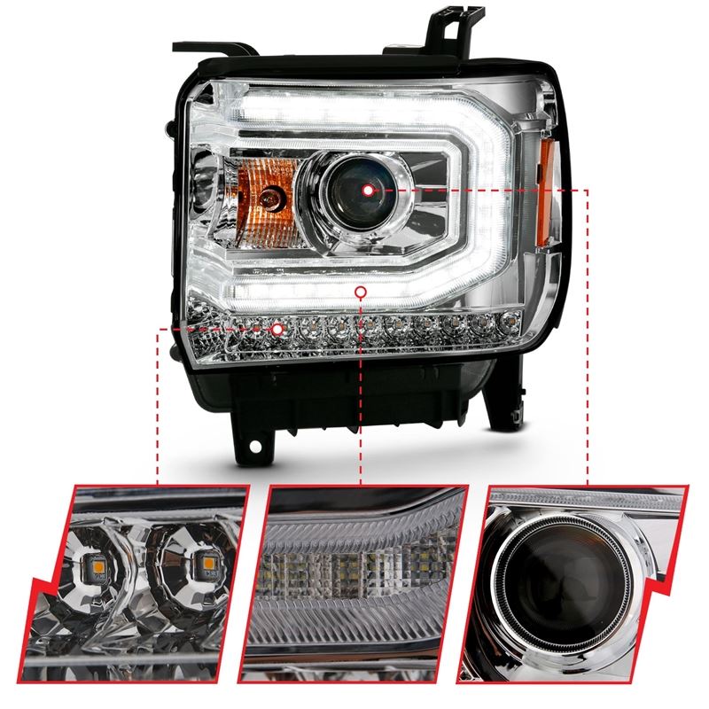 ANZO USA Projector Headlight Set, w/Plank Style Design, Chrome w/Amber Sequential Turn Signal, (111486)