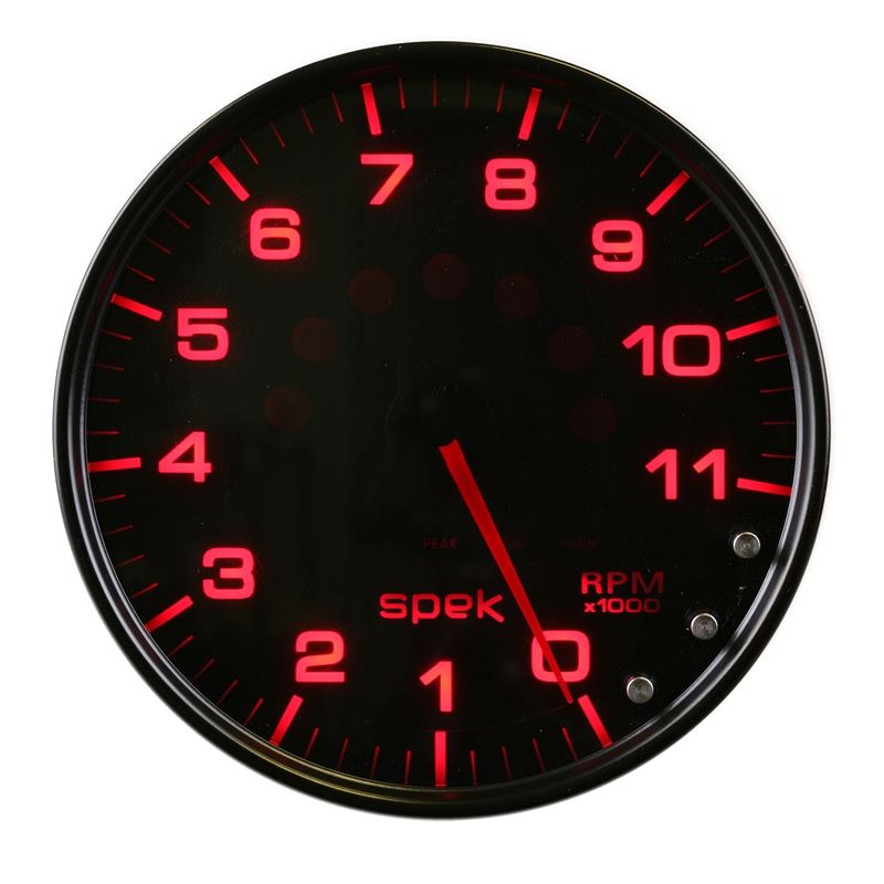 AutoMeter Spek-Pro Gauge Tachometer 5in 11K Rpm W/Shift Light and Peak Mem Black/Smoke/Black (P23952)